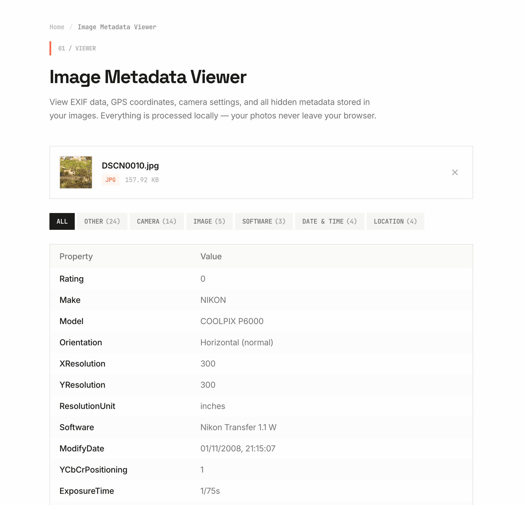 Screenshot of NoFileUpload EXIF Viewer showing GPS coordinates embedded in a photo