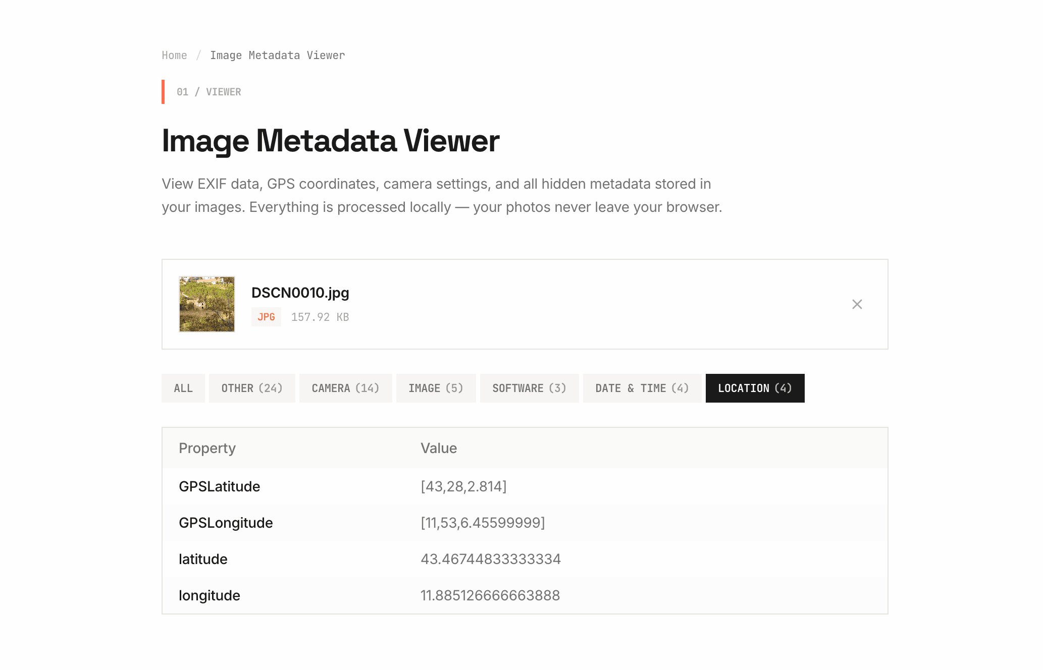 NoFileUpload EXIF Viewer showing GPS latitude and longitude data from a photo