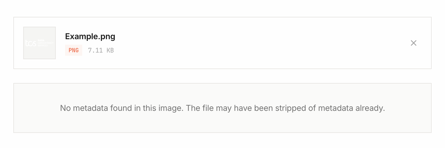 Screenshot of NoFileUpload Metadata Viewer showing no EXIF data found on an image downloaded from Instagram