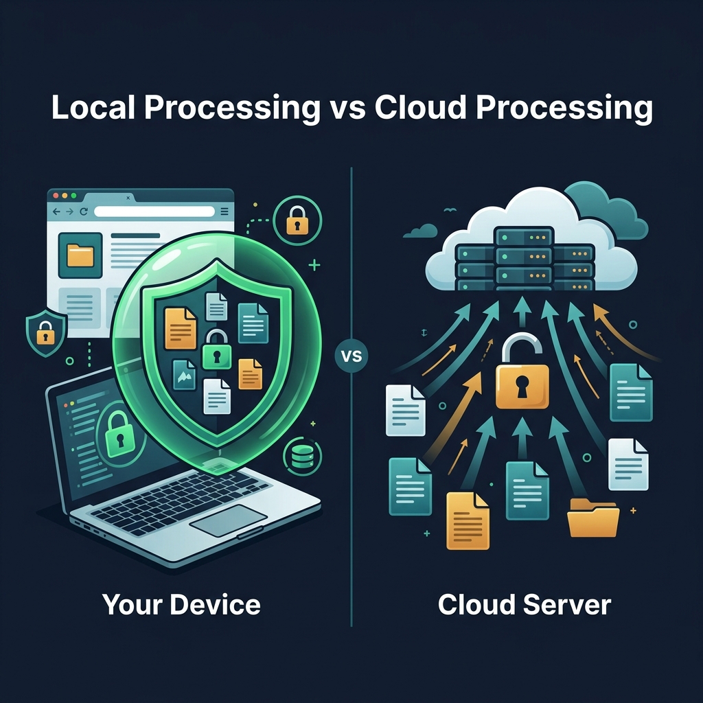 Laptop with files protected by a shield on the left (Your Device) versus files flying up to a cloud server on the right (Cloud Server)