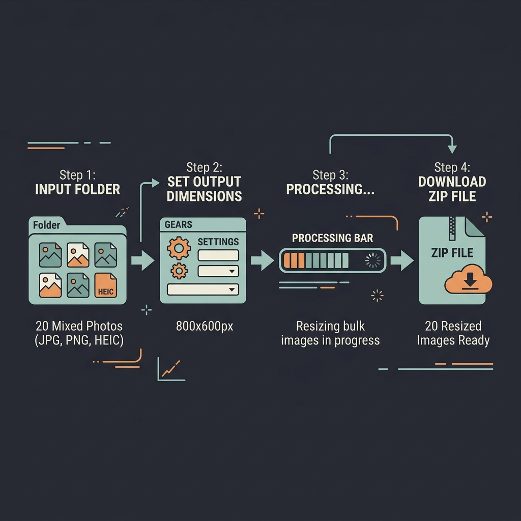 Four-step bulk image resizing workflow: drop files, set dimensions, processing, download ZIP