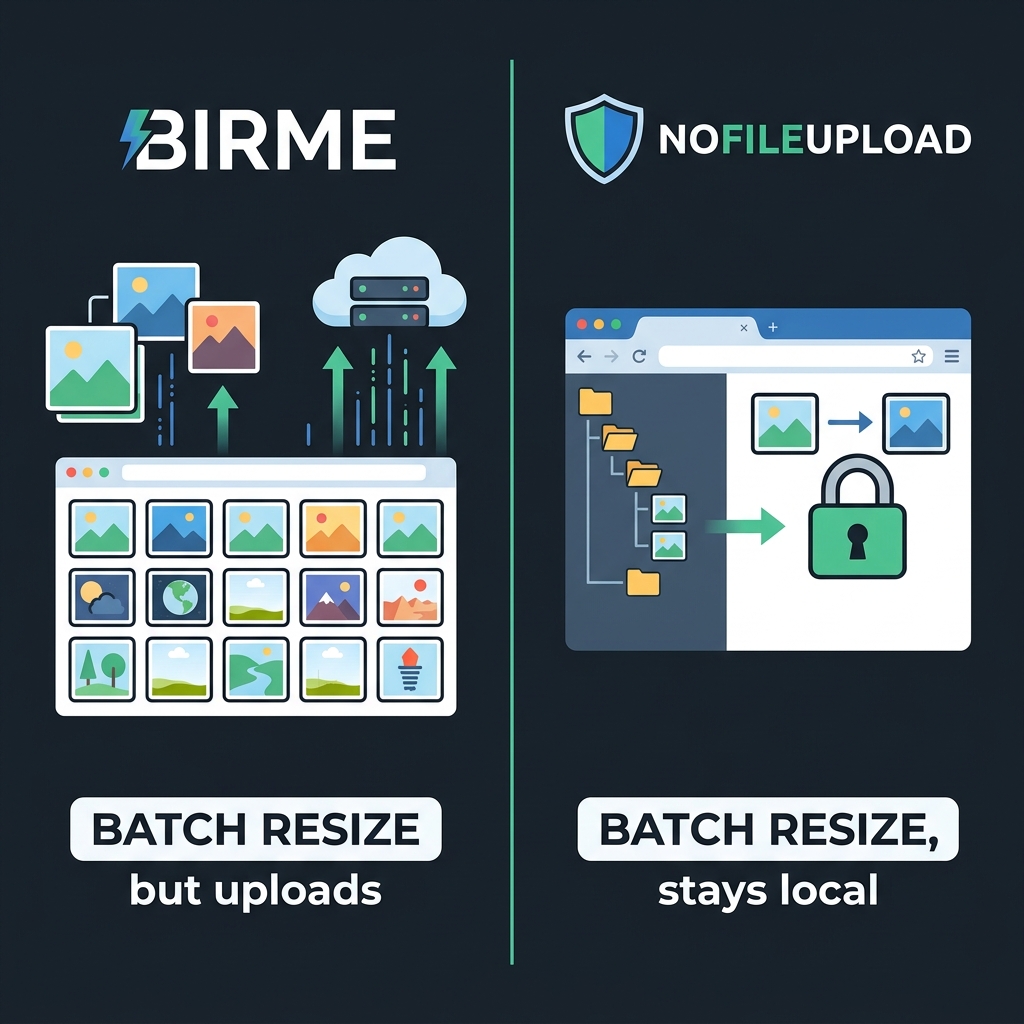 Birme uploads batch images to cloud servers versus NoFileUpload resizing photos locally in the browser