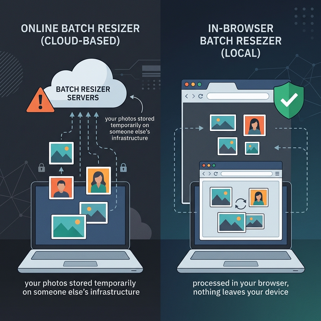 Images leaving a laptop and going to cloud servers for online batch resizing versus images staying in browser locally
