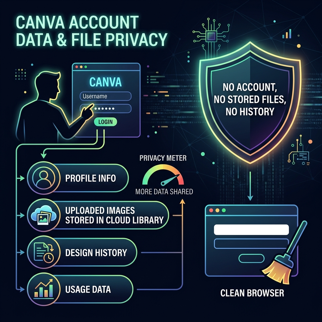 Diagram showing Canva stores profile info, uploaded images, design history and usage data versus NoFileUpload storing nothing