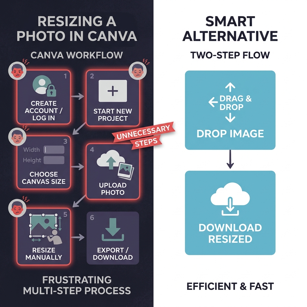 Six-step workflow required to resize a photo in Canva versus a two-step drag-and-download process