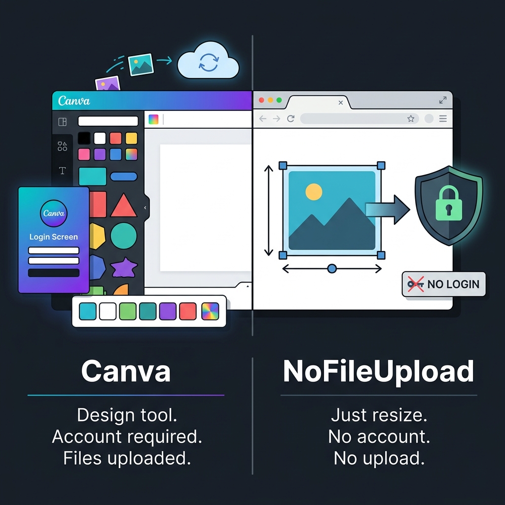 Canva design platform with account login and file upload compared to NoFileUpload simple no-account image resizer