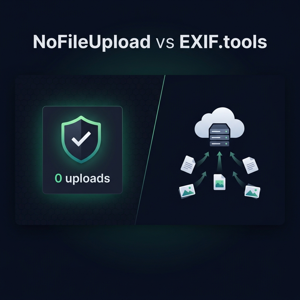NoFileUpload shield showing zero uploads versus EXIF.tools files flying up to a cloud server