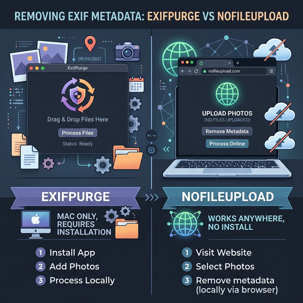 ExifPurge Mac desktop app for removing EXIF metadata versus NoFileUpload browser-based metadata remover that works on any device