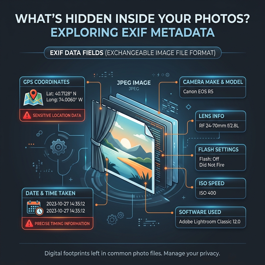 Exploded diagram showing what EXIF metadata contains inside a photo: GPS coordinates, camera model, date and time taken, lens info, ISO speed, flash settings, software used