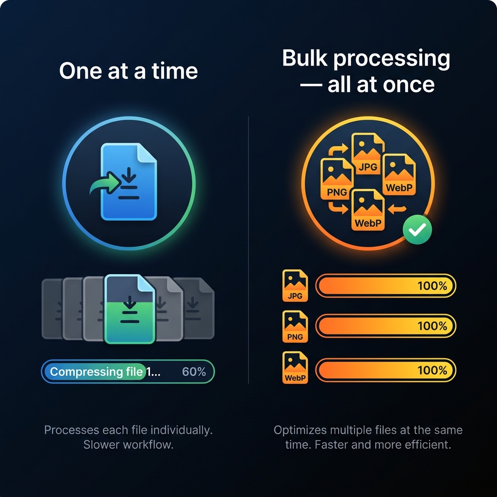 Comparison showing single file processing versus bulk simultaneous image processing with multiple files