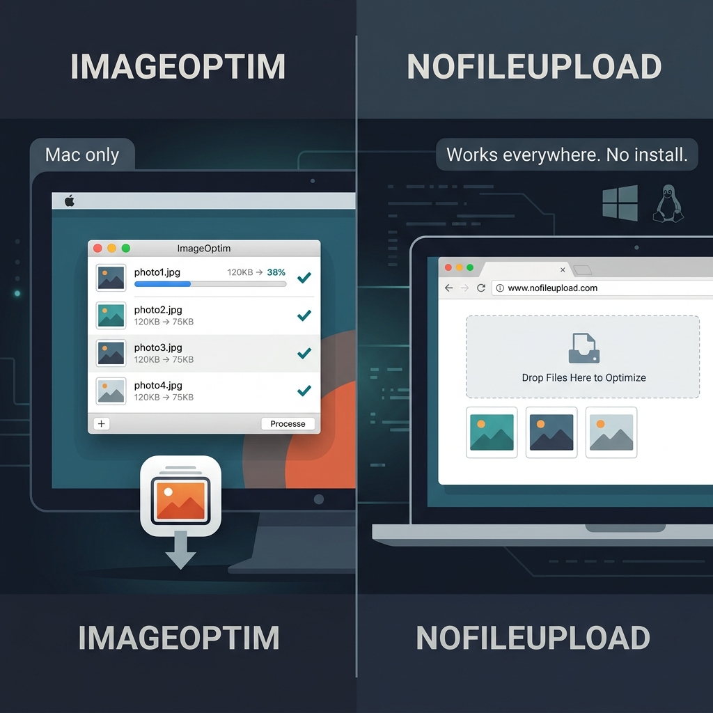 ImageOptim Mac desktop app versus NoFileUpload browser-based image compression that works on Windows, Mac and Linux