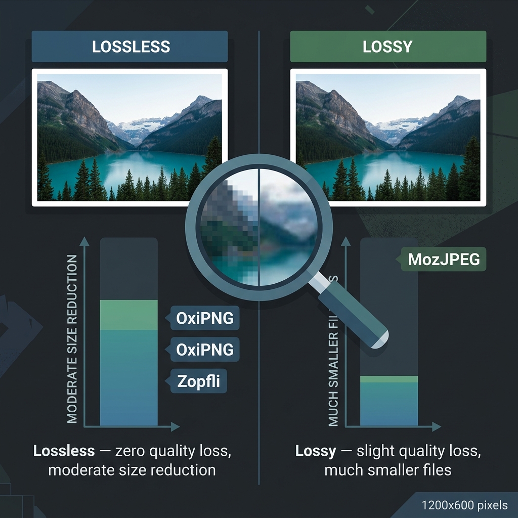 Diagram comparing lossless compression with zero quality loss versus lossy compression with much smaller file sizes