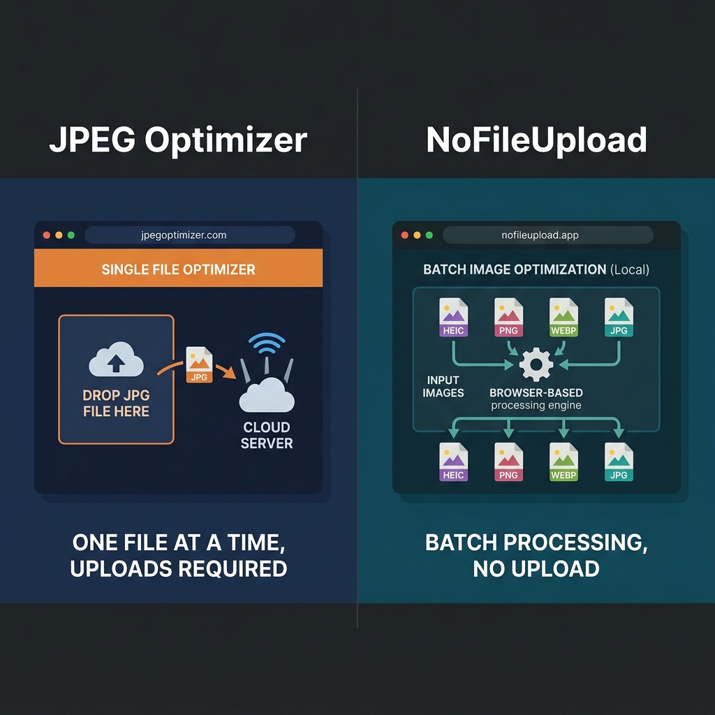 JPEG Optimizer uploads one image at a time to cloud servers versus NoFileUpload processing batches of HEIC PNG WebP JPG files locally in browser