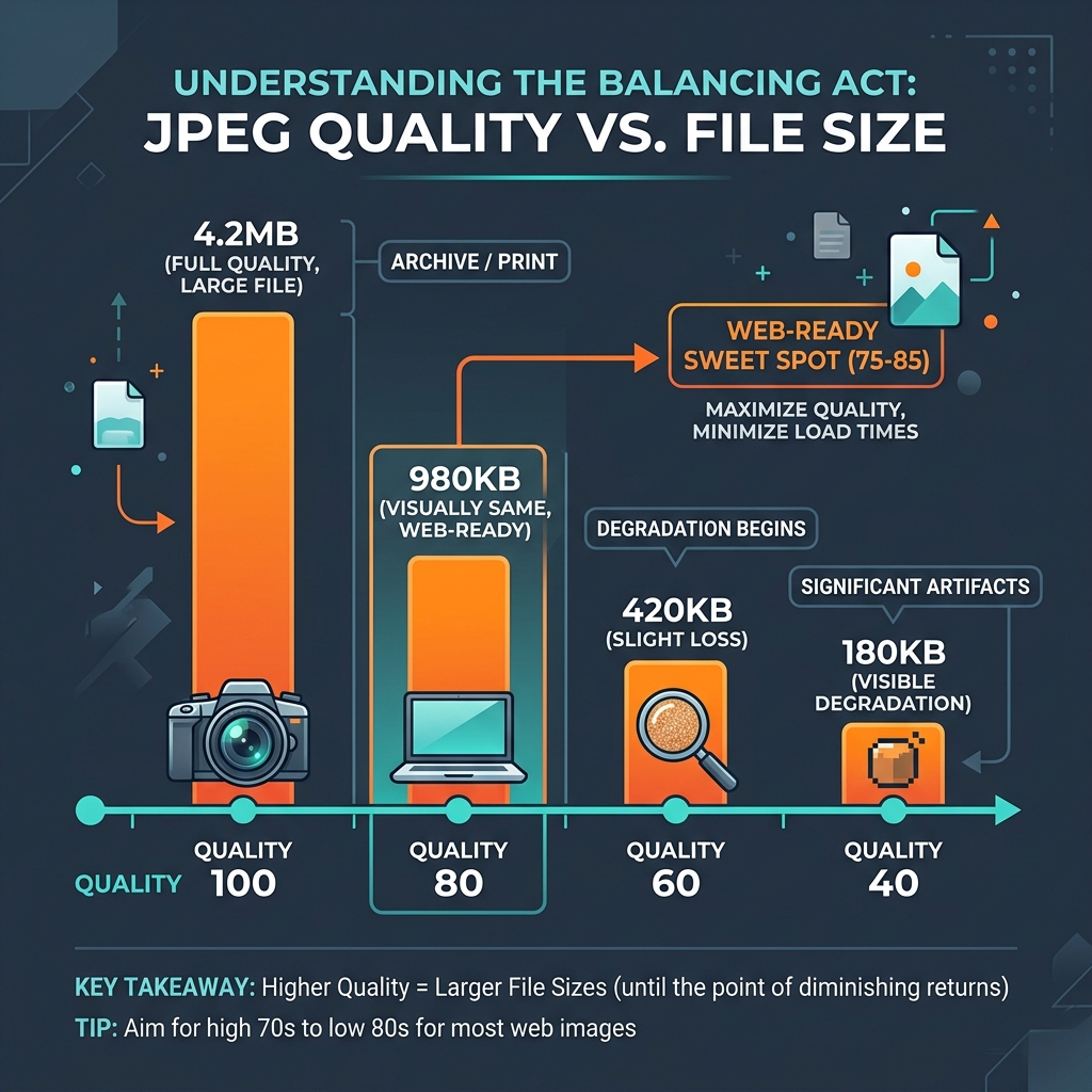 Bar chart showing JPEG quality settings versus file size: Quality 100 equals 4.2MB, Quality 80 equals 980KB, Quality 60 equals 420KB, Quality 40 equals 180KB with sweet spot at 75 to 85 for web