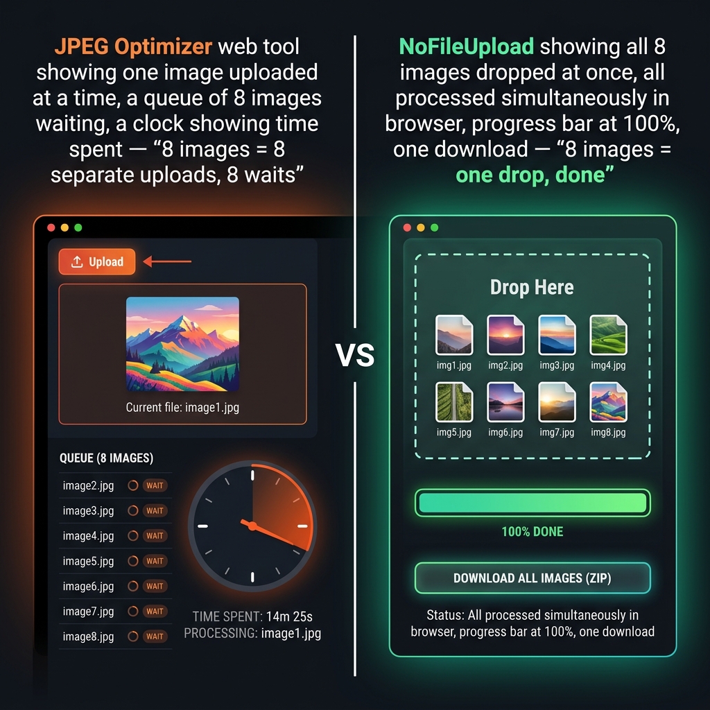 JPEG Optimizer processing 8 images one by one with a queue and waiting time versus NoFileUpload dropping all 8 at once and downloading when done