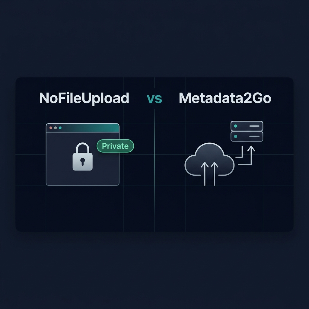 Side by side comparison of NoFileUpload browser-based processing vs Metadata2Go cloud upload approach