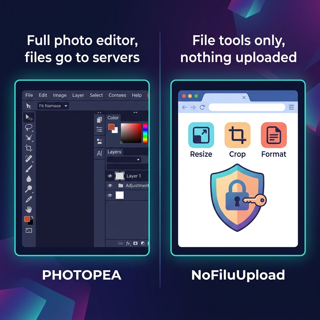 Photopea full photo editor with layers and tools versus NoFileUpload simple browser file tools with no upload