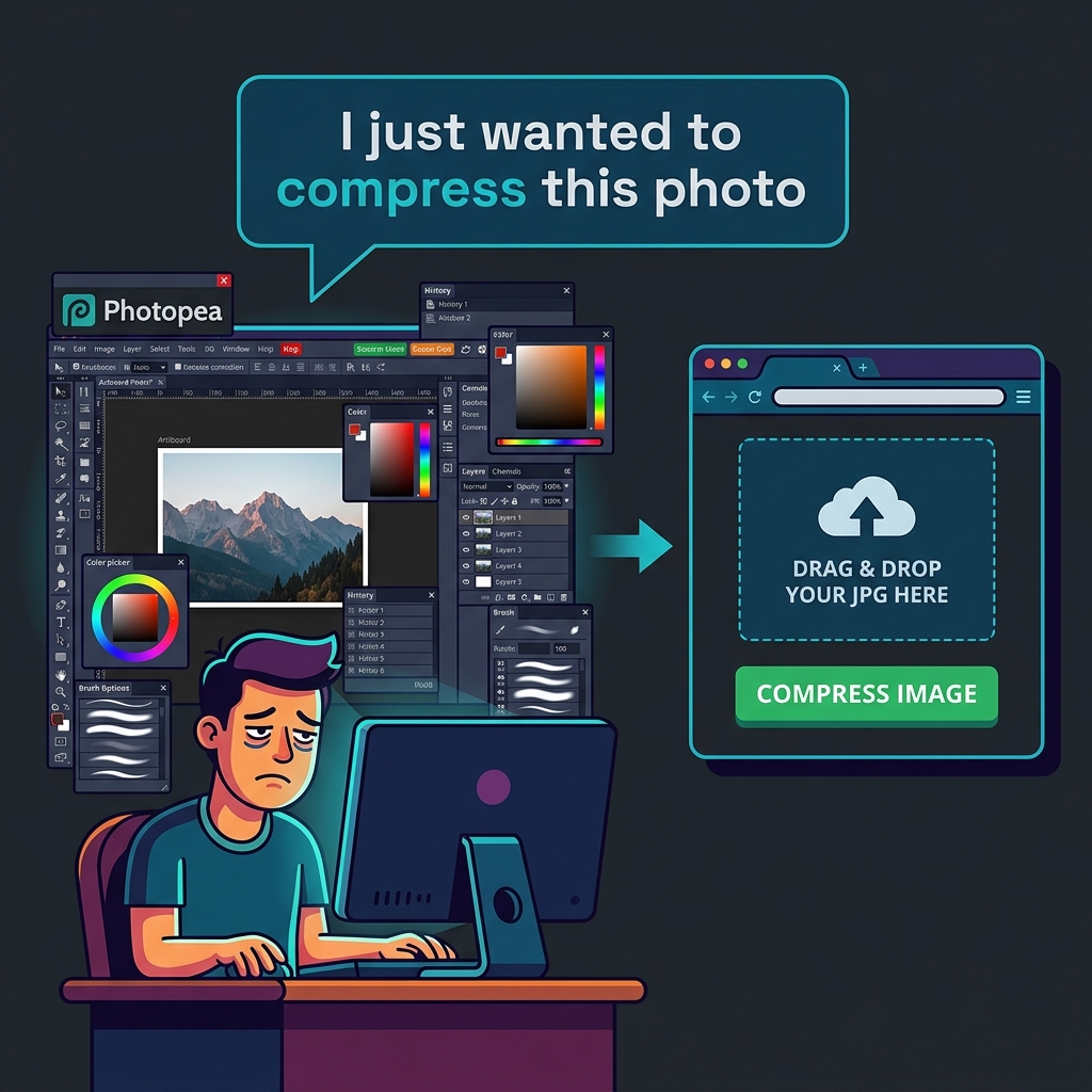 Person frustrated opening full Photopea editor interface just to compress a single photo, with speech bubble saying I just wanted to compress this photo
