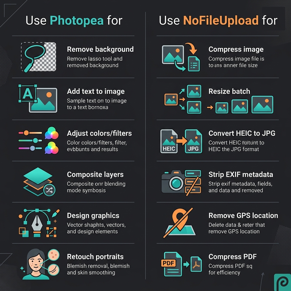 Two-column comparison: Use Photopea for editing tasks like background removal and retouching, Use NoFileUpload for utility tasks like compression, HEIC conversion, and metadata removal