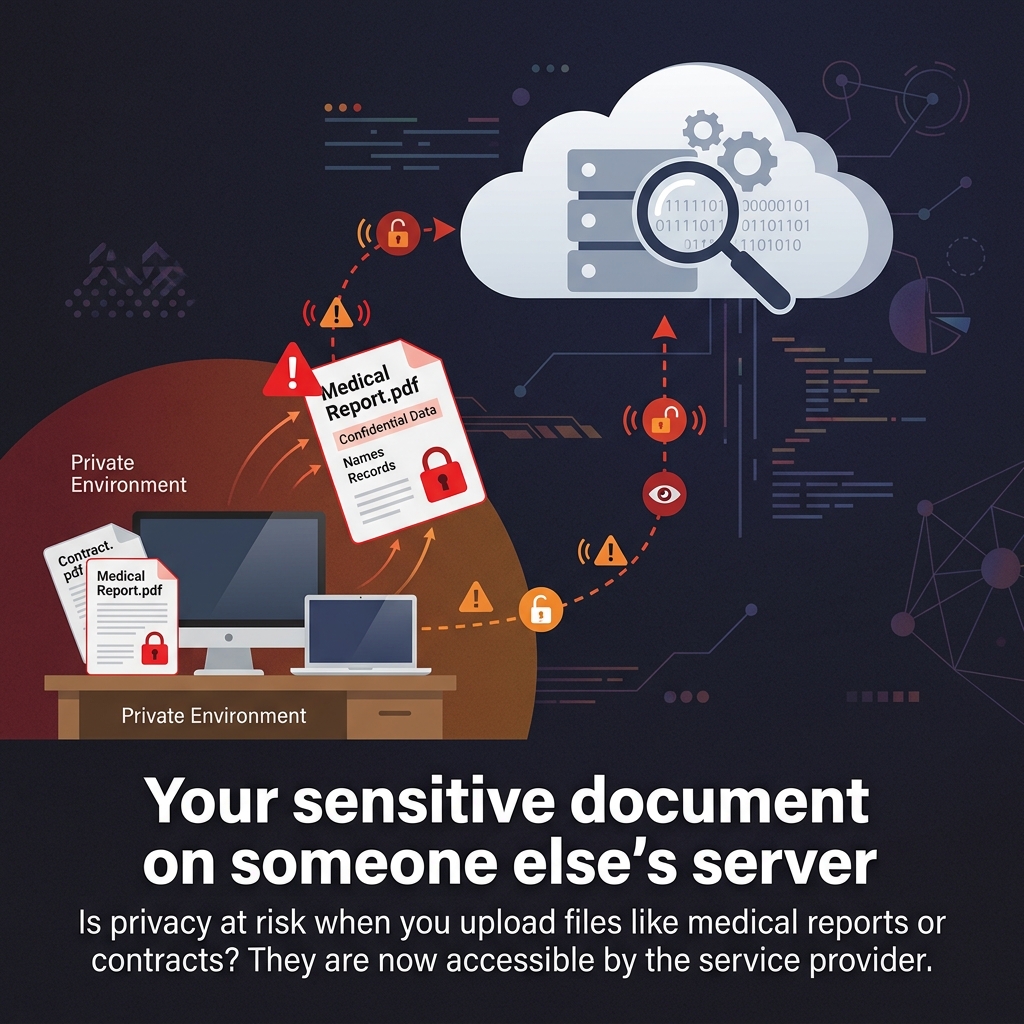 Diagram showing sensitive PDF documents like medical reports and contracts traveling to cloud servers when uploaded