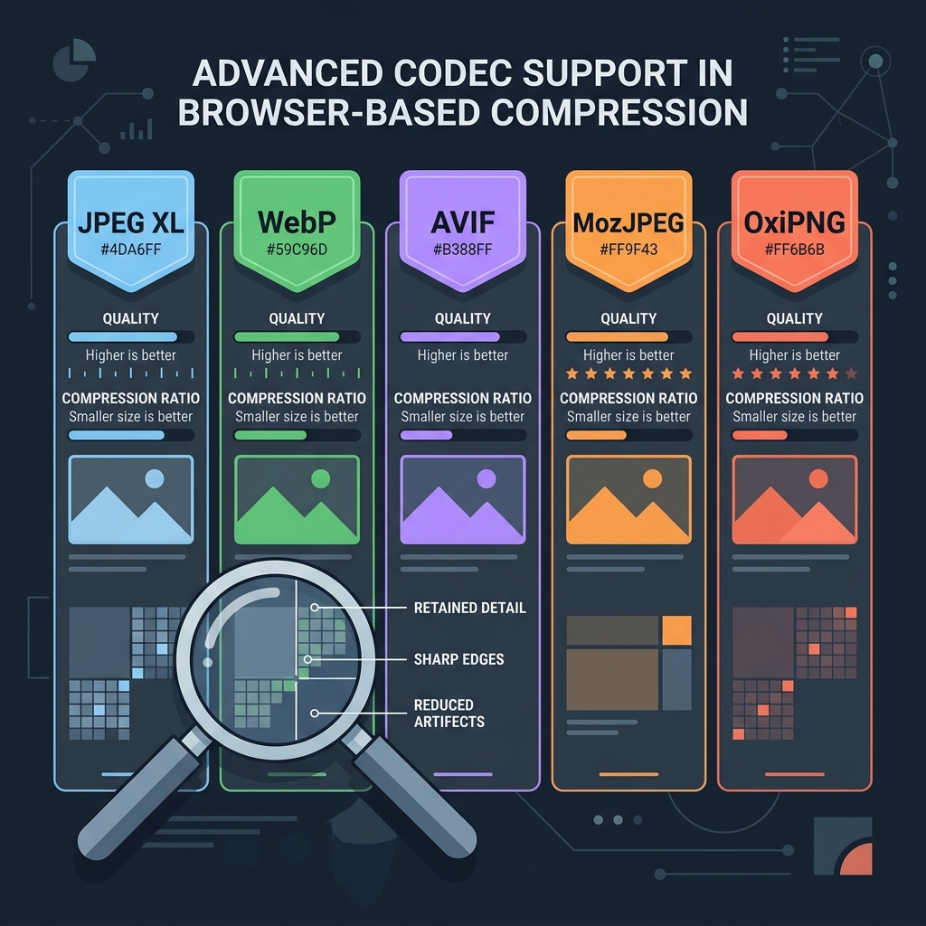 Advanced image codec comparison showing JPEG XL, WebP, AVIF, MozJPEG and OxiPNG quality and compression ratios