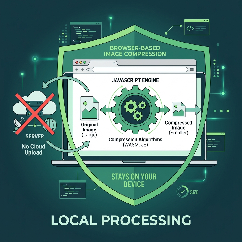 Diagram showing browser-based local image compression with JavaScript engine — no cloud server involved