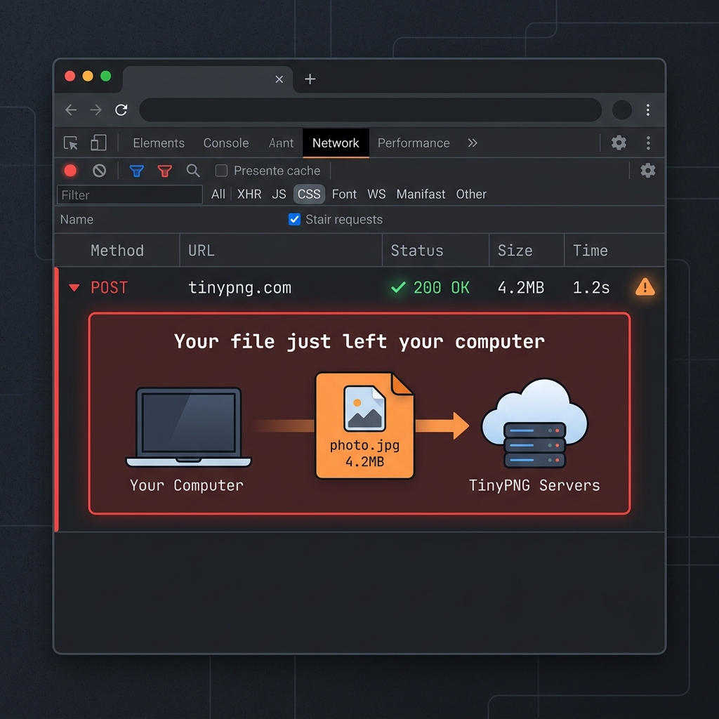 Browser developer tools network tab showing a POST request sending an image file to TinyPNG servers