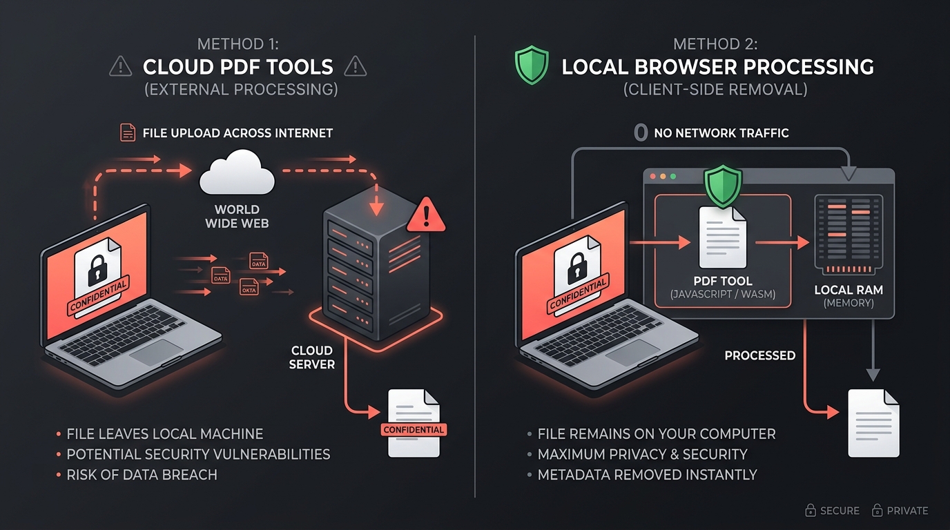 Diagram illustrating the risk of uploading confidential PDFs to cloud servers versus client-side browser processing