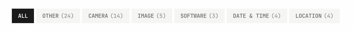 EXIF Viewer organized tabs showing Camera, Image, Software, Date and Time, and Location categories