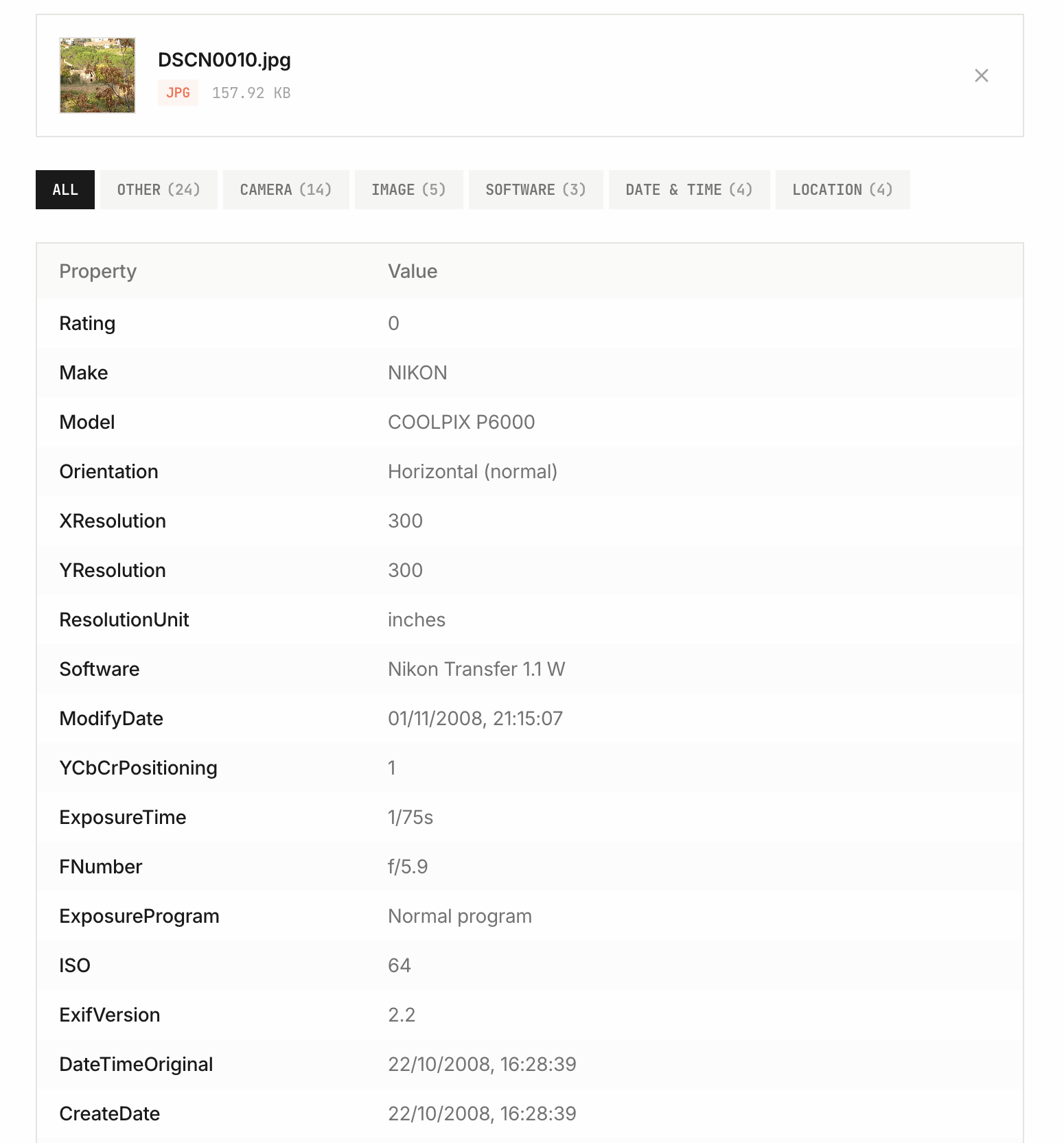 Screenshot of NoFileUpload EXIF Viewer showing all metadata properties of a photo including camera make, model, and settings