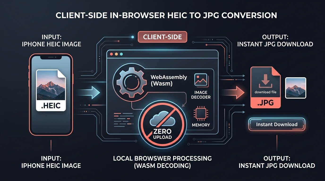Infographic showing in-browser WebAssembly HEIC to JPG conversion without server uploads
