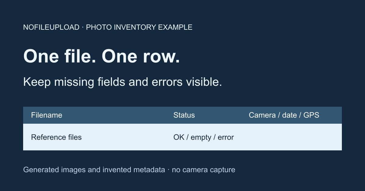 Generated photo-inventory illustration showing one file per row and explicit OK, empty, and error statuses